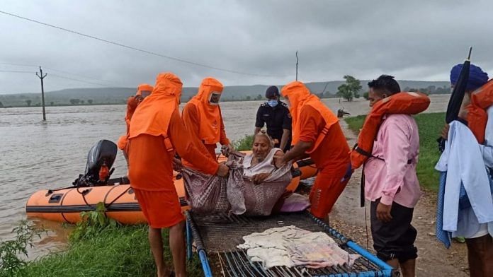 National Disaster Response Force (NDRF) conducts conducts rescue operation in flood-affected Barua village in Dabra tehsil of Gwalior district 0n 3 August 2021 | ANI photo