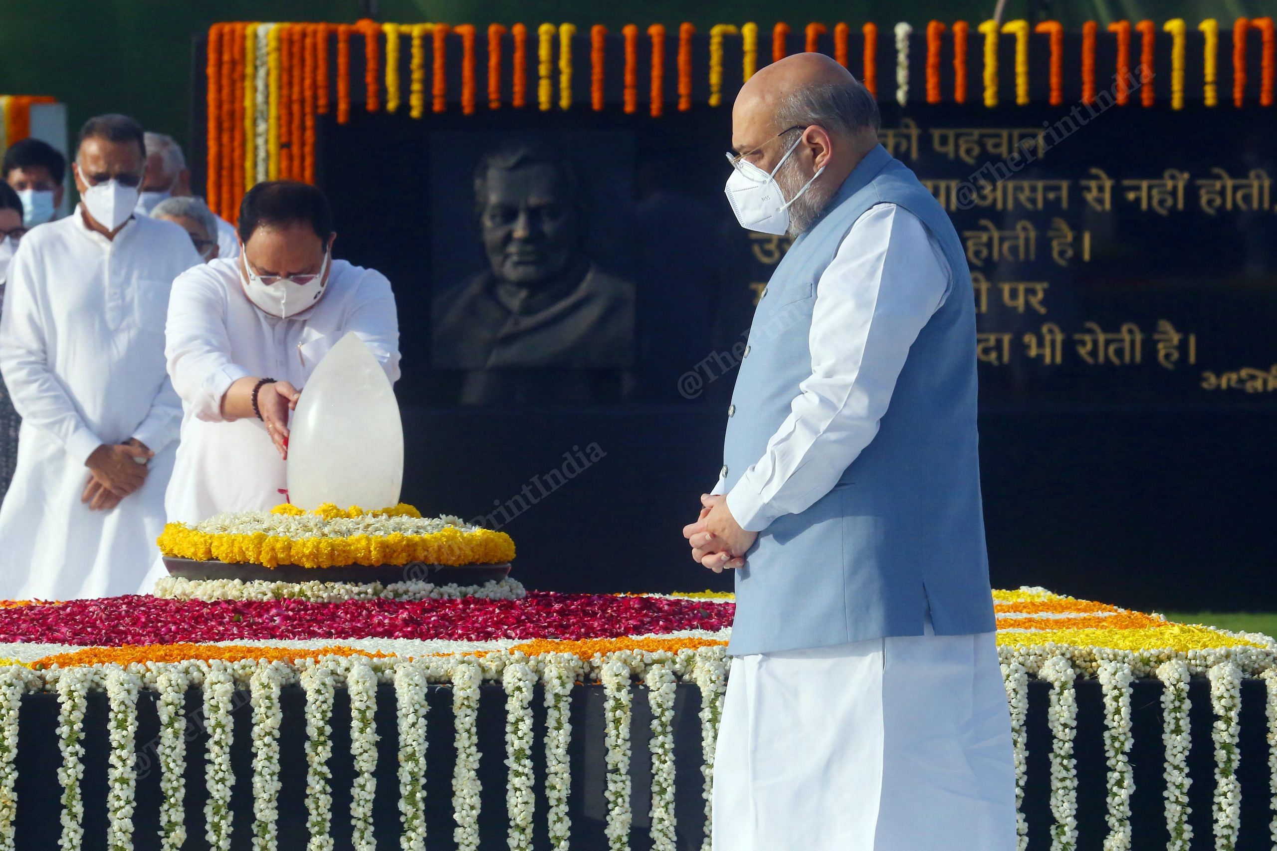 Home Minister Amit Shah pays tribute to former PM Atal Bihari Vajpayee on his death anniversary, at Sadaiv Atal in New Delhi | Photo: Praveen Jain | ThePrint