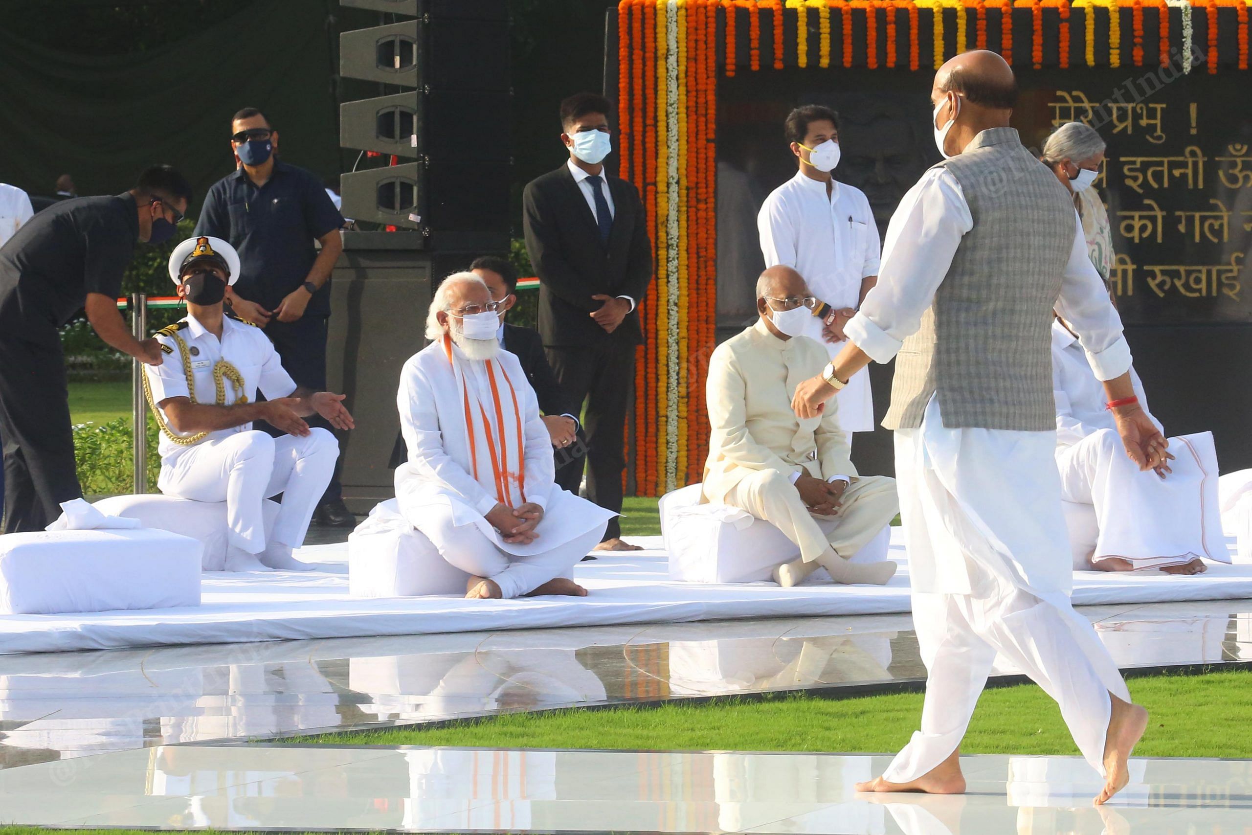 Defence Minister Rajnath Singh coming towards President of India Ramnath Kovind and Prime Minister Narendra Modi at Sadaiv Atal to pay tribute to former PM Atal Bihari Vajpayee on his death anniversary, in New Delhi | Photo: Praveen Jain | ThePrint | Photo: Praveen Jain | ThePrint