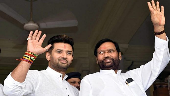 File image of the late Union minister Ram Vilas Paswan and his son Chirag Paswan | ANI