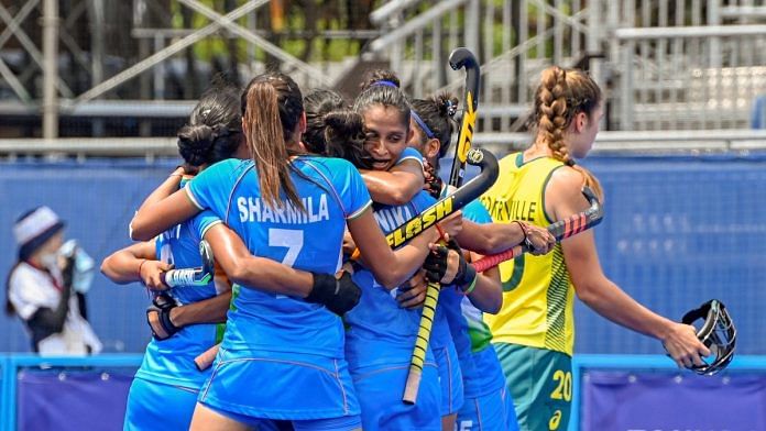 India's women's hockey team celebrates after qualifying for the Olympic Games semifinals for the first time, at the 2020 Summer Olympics in Tokyo, on 2 August, 2021 | PTI