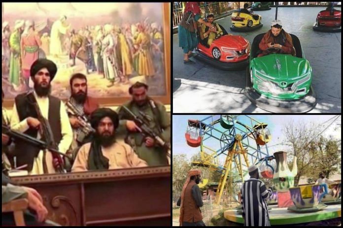 A collage of Taliban members at the presidential palace and at children's playgrounds in Afghnaistan after the takeover | ThePrint | Twitter
