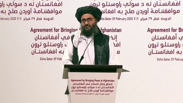 A file photo of Taliban leader Mullah Abdul Ghani Baradar, during the signing of a peace agreement between Taliban and the US, in Doha in February 2020. | Photo: ANI