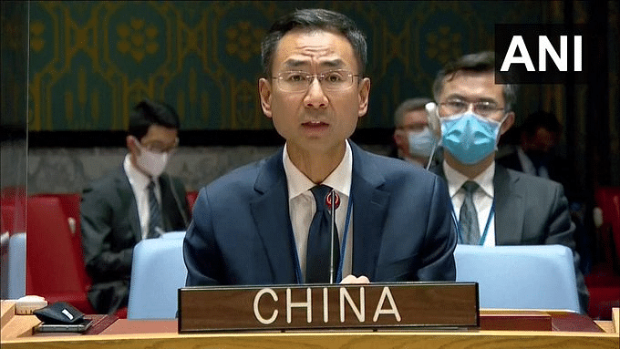 China's deputy permanent representative to the UN Geng Shuang at the UNSC meet on the emergency situation in Afghanistan on 16 August 2021 | Twitter/ANI