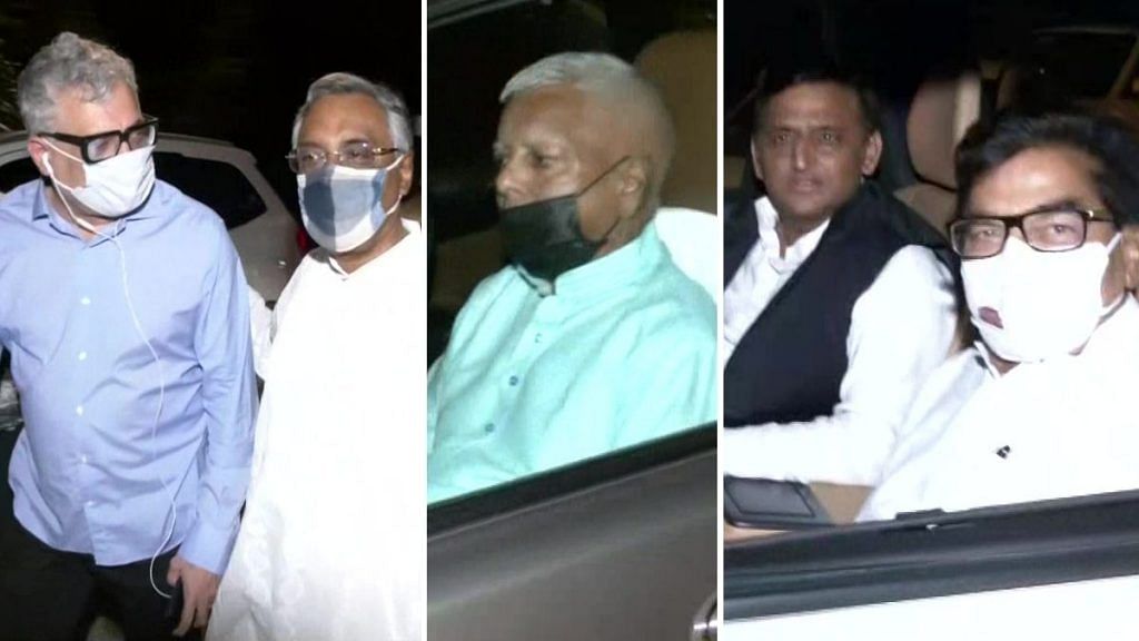 A host of opposition leaders, including Trinamool Congress' Derek O'Brien, RJD's Lalu Yadav and Samajwadi Party chief Akhilesh Yadav, were among those who attended a dinner party hosted by Kapil Sibal in New Delhi on 9 August 2021 | ANI