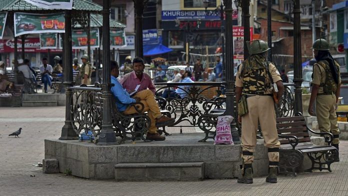 Security personnel stand guard at Lal Chowk in Srinagar | PTI