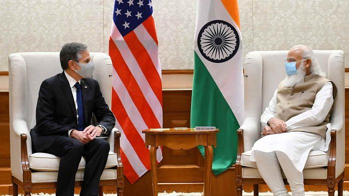 PM Narendra Modi (R) with US Secretary of State Antony Blinken in New Delhi on 28 July 2021 | Twitter | @narendramodi