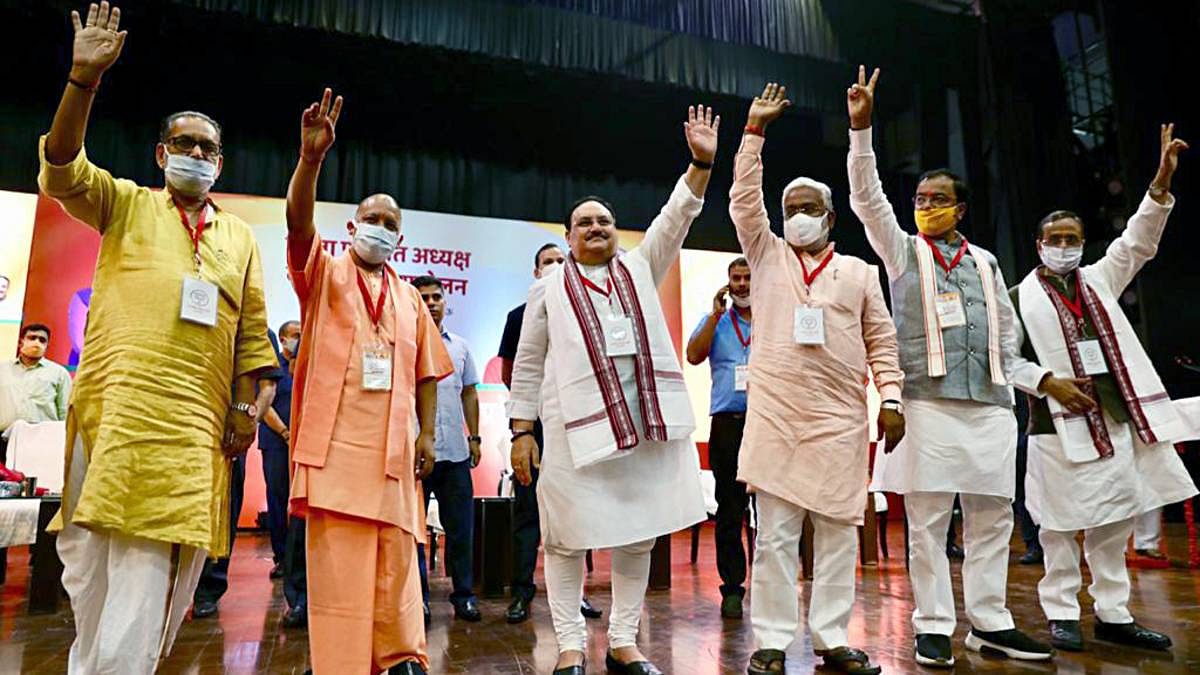 NADDA (1) BJP president JP Nadda, UP Chief Minister Yogi Adityanath and UP BJP leaders at an event on Saturday | ANI