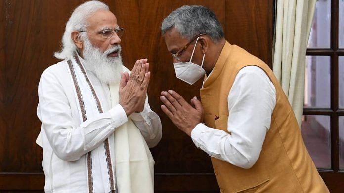 Former Uttarakhand chief minister Trivendra Singh Rawat with PM Modi during a recent meeting | By Special Arrangement