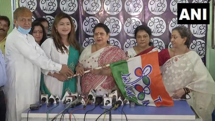 Somen Mitra’s wife Sikha Mitra (second from right), and Suvra Ghosh (extreme right), Pranab Mukherjee’s sister-in-law, joined the Trinamool Congress Sunday | ANI