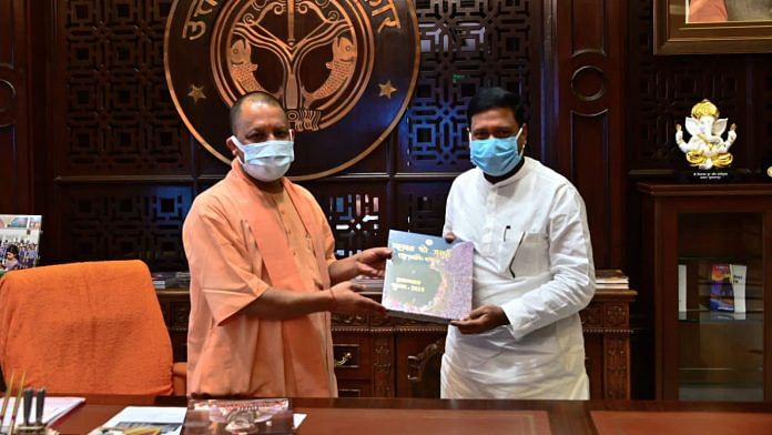 Bihar minister Santosh Manjhi, son of former CM Jitan Ram Manjhi, with Uttar Pradesh CM Yogi Adityanath in Lucknow Monday | Twitter | @santoshmanjhi_
