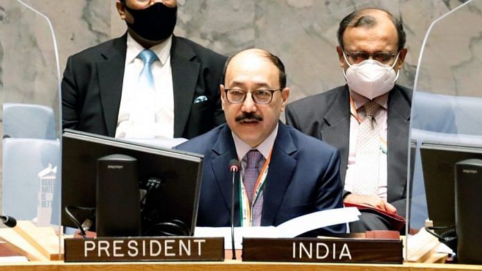 Foreign Secretary Harsh Vardhan Shringla speaks at the UNSC meeting in New York, on 30 August 2021 | ANI