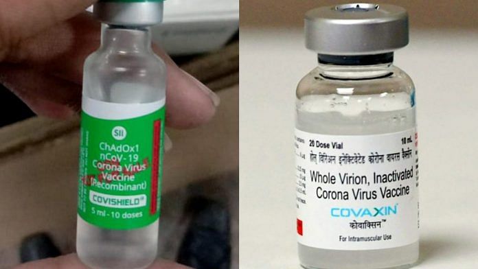 A vial of Covishield (left) and Covaxin (right)