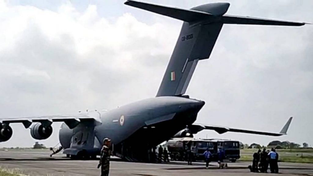 The Indian Air Force C-17 aircraft coming from Kabul lands in Jamnagar Tuesday | Photo: ANI