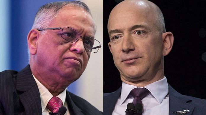 N.R. Narayana Murthy and Jeff Bezos (file photo) | Bloomberg