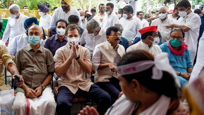 Congress leader Rahul Gandhi along with other opposition parties' leaders visit farmers' Kisan Sansad at Jantar Mantar, in New Delhi on 6 August 2021