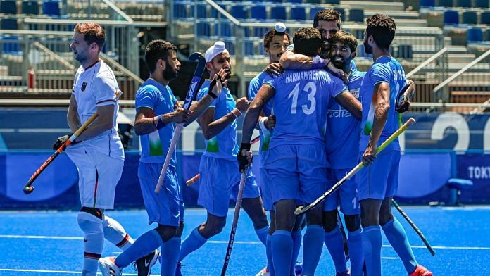 Indian players celebrate after scoring their third of 5 goals against Germany during the men's field hockey bronze medal match, at the 2020 Summer Olympics, in Tokyo, on 5 August 2021 | PTI