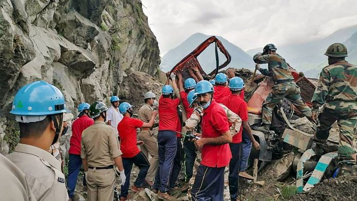 ITBP personnel at the landslide point during a search operation on the Reckong Peo-Shimla Highway in Kinnaur district, on 11 August 2021 | PTI