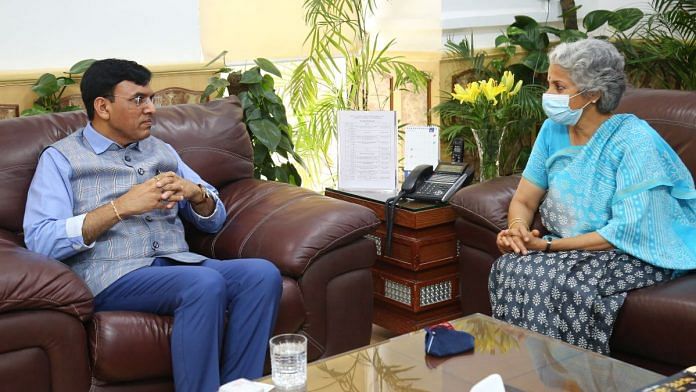 Union Health Minister Mansukh Mandaviya with WHO chief scientist Dr. Soumya Swaminathan, on 12 August 2021 | Twitter/@mansukhmandviya