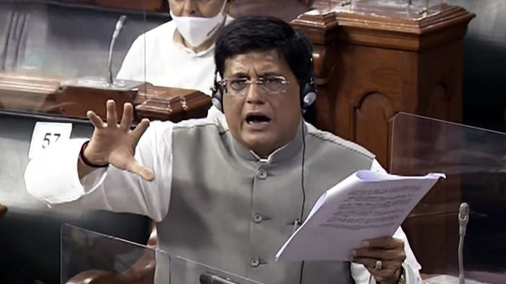Union Commerce Minister Piyush Goyal speaks in Lok Sabha during the Monsoon session of Parliament, in New Delhi on 10 August 2021. | Photo: ANI/LSTV