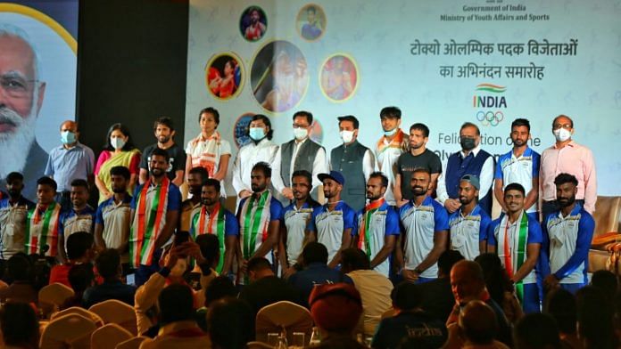 Indian Olympic medallists at a government felicitate ceremony in New Delhi on 9 August 2021
