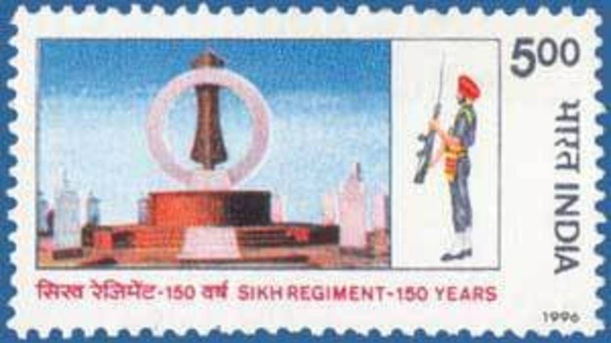 A postage stamp issued in 1996 to commemorate 150 years of the Sikh Regiment.  wikimedia commons