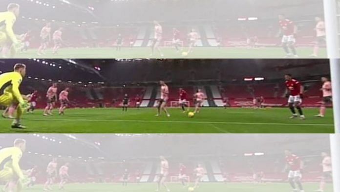 Videograb of a Manchester United vs Sheffield United, Premier League match this January, played with an empty stadium at Old Trafford, home ground of Manchester United. Manchester lost the game 1-2 | manutd.com
