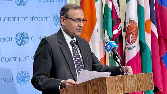 TS Tirumurti, India's Permanent Representative to the UN, briefing the media on his first day as President of the UNSC, on 3 August 2021 | Twitter/@ambtstirumurti