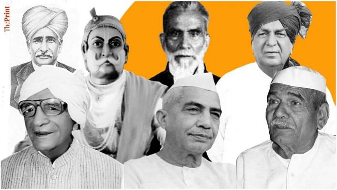 (Top row, left to right) Sir Chhotu Ram, Maharaja Suraj Mal, Raja Mahendra Pratap Singh, Chaudhary Devi Lal; (Bottom row. left to right) Ranbir Singh Hooda, Chaudhary Charan Singh, Mahendra Singh Tikait | Image: Soham Sen | ThePrint