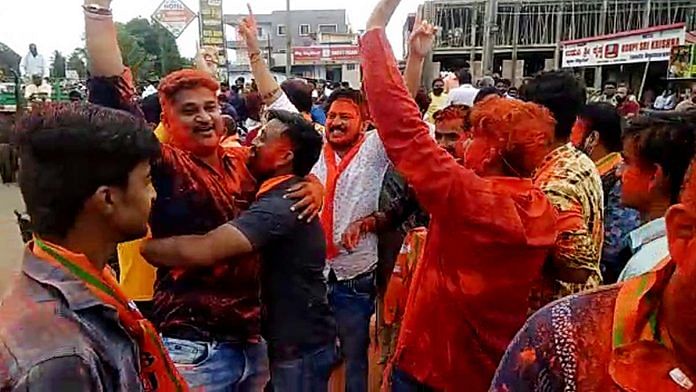 Supporters celebrate after the BJP emerged as the single largest party in the Hubballi Dharwad municipal elections | Photo: ANI