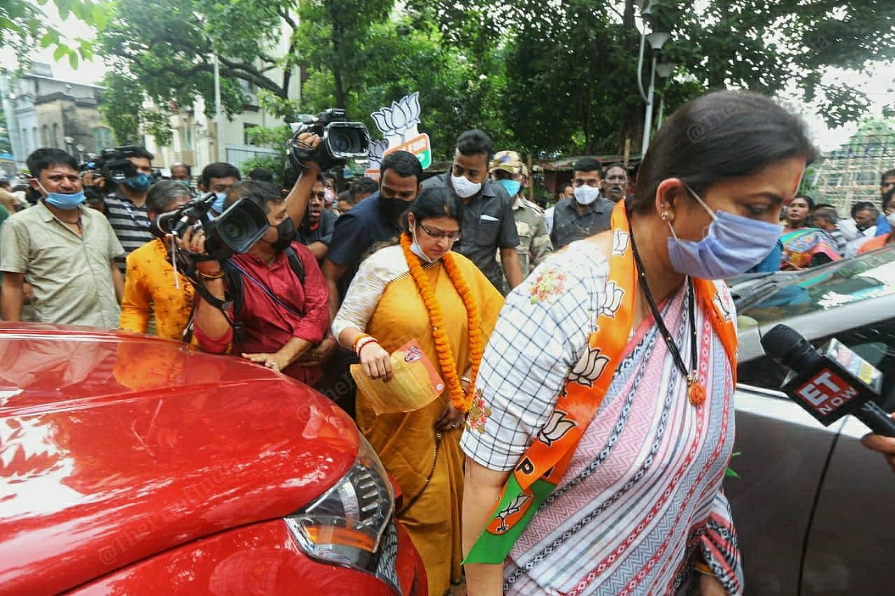Union Minister Smriti Irani with Priyanka Tibrewal during election campaign in Bhawanipur | Photo: Praveen Jain | ThePrint