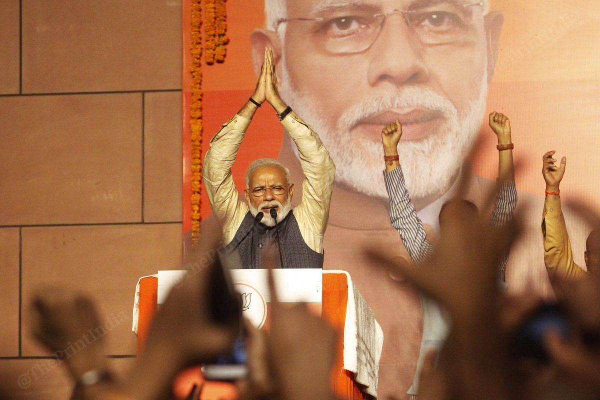 Narendra Modi at BJP headquarter after winning Lok Sabha elections in 2019 | Photo: Praveen Jain | ThePrint