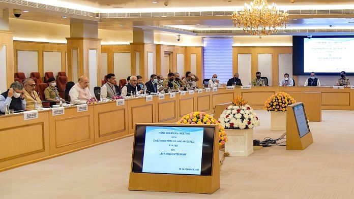 Union Home Minister Amit Shah chairs a high-level meeting with chief ministers and officials of ten Naxal-hit states, at Vigyan Bhawan in New Delhi, on 26 September 2021 | PTI Photo