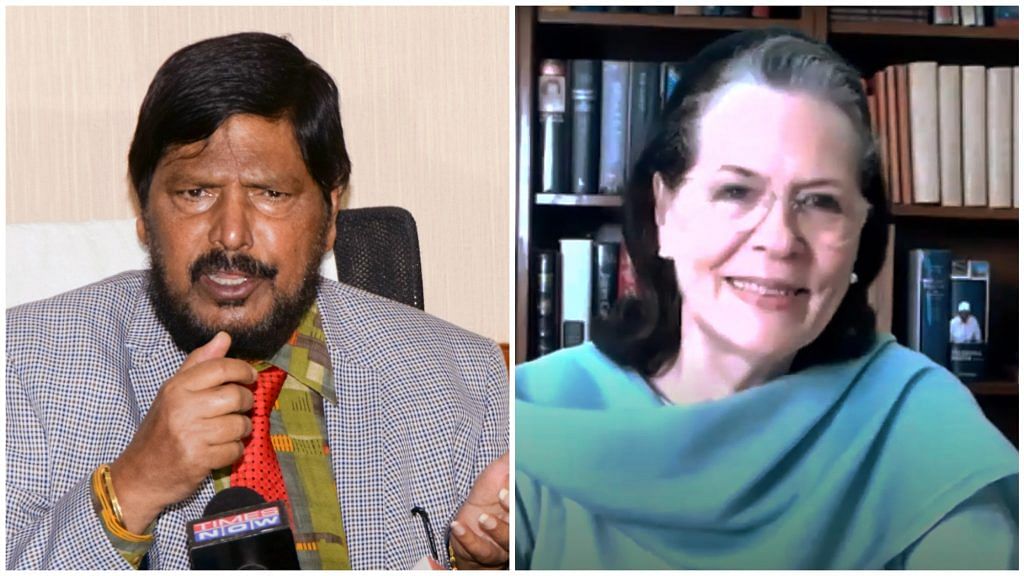 Union Minister Ramdas Athawale (L) and Congress interim president Sonia Gandhi (R)