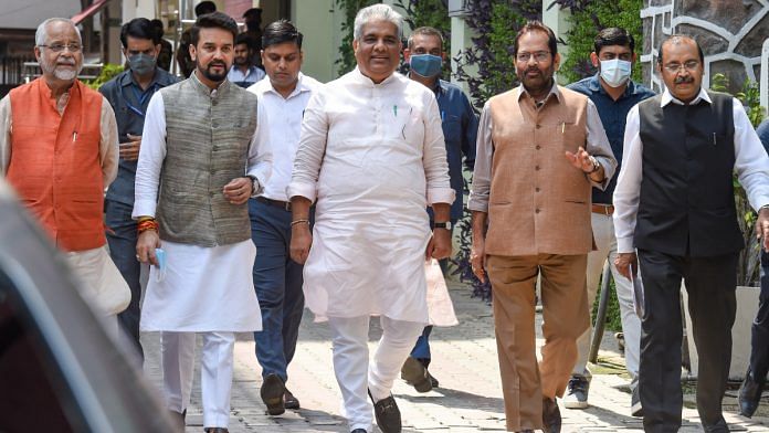 Union Ministers Bhupendra Yadav, Mukhtar Abbas Naqvi, and Anurag Thakur come out after meeting Election Commission, in New Delhi on 28 September 2021| PTI
