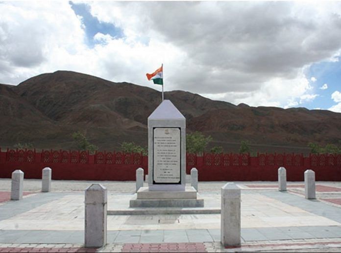Rezang La War Memorial, located a few kilometers outside the town of Chushul. | Photo credit: Tiwtter/@NMANEWDELHI