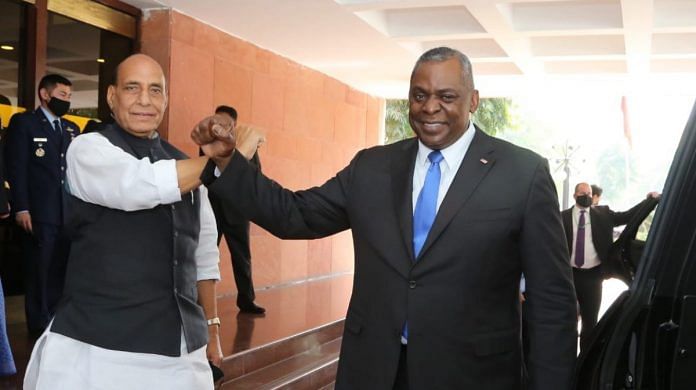Defence Minister Rajnath Singh with his American counterpart Lloyd Austin in New Delhi, on 20 March 2021 (file photo) | Twitter/@rajnathsingh