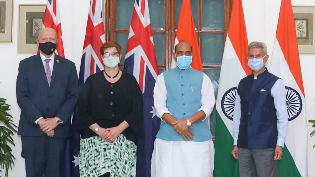 (From left) Australia’s Defence Minister Peter Dutton, the country’s Foreign Minister Marise Payne with Defence Minister Rajnath and External Affairs Minister S. Jaishankar in New Delhi Saturday | Photo: Twitter/@rajnathsingh