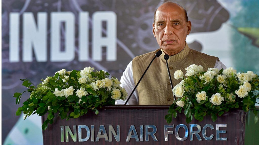 Union Defence Minister Rajnath Singh speaks during the induction of a medium-range surface-to-air missile system (MRSAM), in Jaisalmer on 9 September 2021| PTI