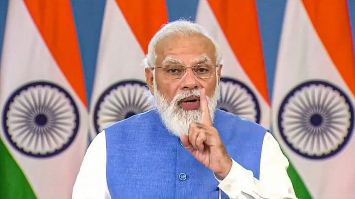 PM Narendra Modi addressing the Global Covid-19 Summit, via video conferencing, in Washington DC on 22 September 2021 | PTI