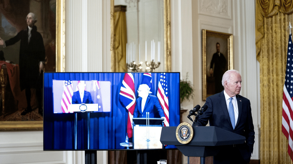 US President Joe Biden listens as Australian PM Scott Morrison speaks via videoconference during the announcement of the new AUKUS partnership on 15 September 2021 | Photo: Stefani Reynolds | Bloomberg