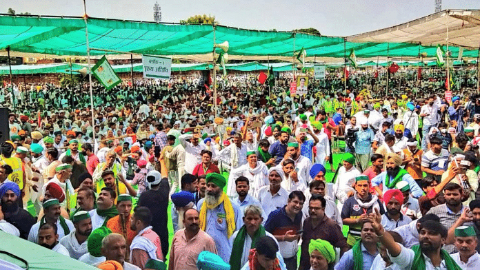 (Representative image) Thousands of farmers gathered at Muzaffarnagar for a kisan mahapanchayat on 5 September 2021 | Twitter/@_YogendraYadav