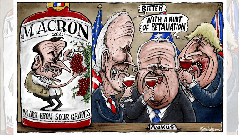 AUKUS leaders taste Macron wine made of sour grapes, and Boris Johnson’s ‘don’t panic’ message