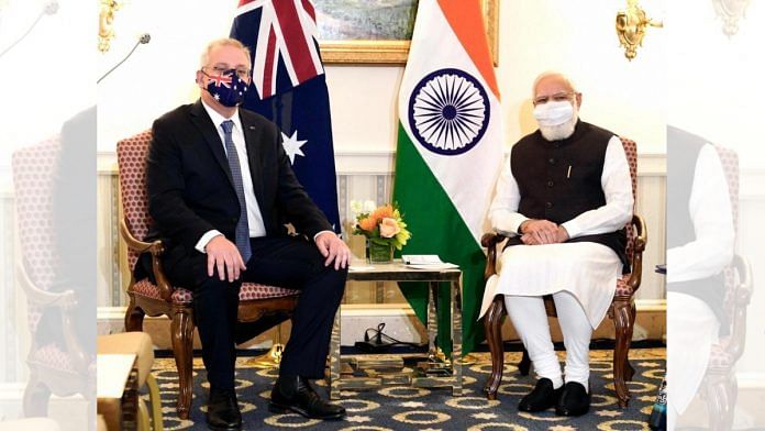 Prime Minister Narendra Modi with Australian PM Scott Morrison during a meeting on 23 September 2021| PTI