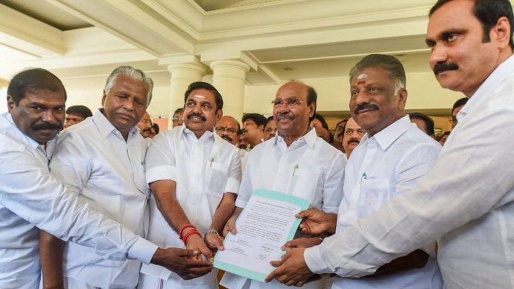 File photo of former Tamil Nadu CM Edappadi K Palaniswami, former Deputy CM O Panneerselvam and senior leaders of AIADMK and PMK showing a signed copy of the alliance agreement for the 2019 polls. | R Senthil Kumar/PTI