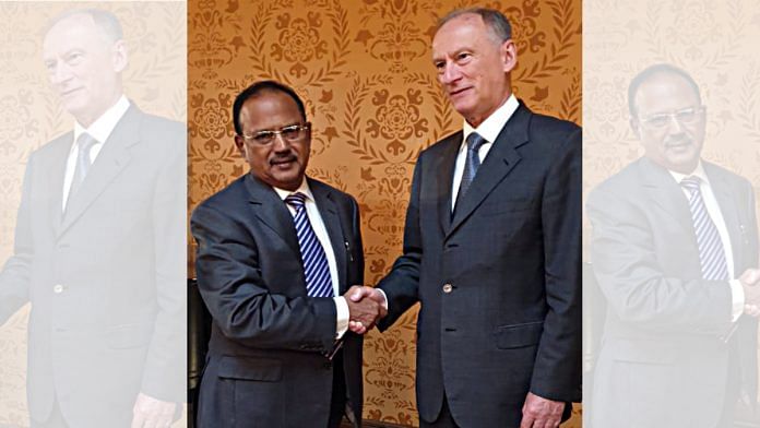 File photo of NSA Ajit Doval meeting Russia's Security Council Secretary General Nikolay Patrushev on 21 August 2019 | ANI