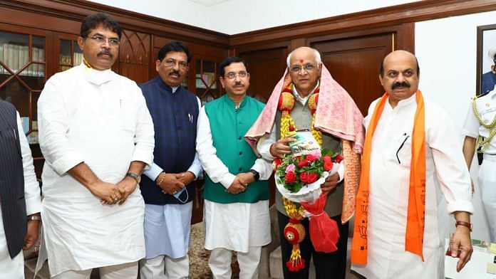 Union Minister Pralhad Joshi (third from right) with new Gujarat Chief Minister Bhupendra Patel (second from right) | Photo: Twitter/@JoshiPralhad