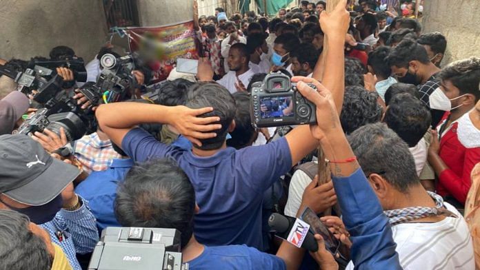 News media at the house of the six-year-old girl who was allegedly raped and murdered, in Singareni slum in Hyderabad, Telangana on 15 September 2021 | Rishika Sadam | ThePrint