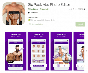 A screengrab of an app to edit six pack abs on to photographs on google play.
