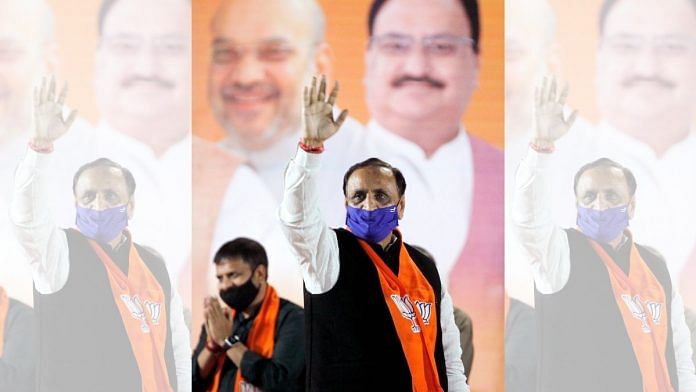 Vijay Rupani waves to supporters after BJP wins civic body election, in Ahmedabad in February 2021. Rupani resigned as Gujarat CM on 11 September 2021 | ANI